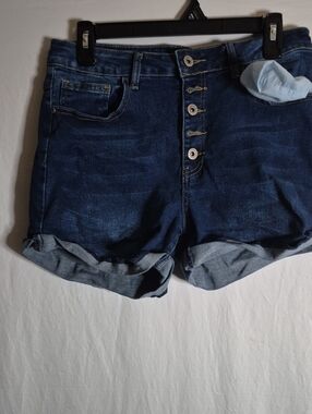Button-Front Dark Blue Denim Roll-Cuff Shorts